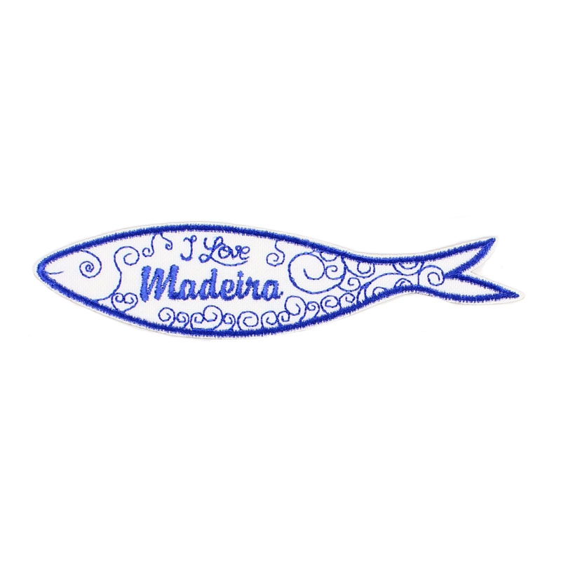 Emblema em forma de sardinha I Love Madeira em azul