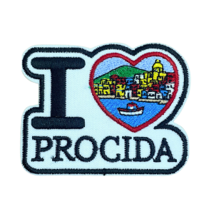 Emblema bordado I Love Procida, com coração com paisagem da ilha de Itália.