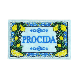 Emblema bordado com azulejo clássico e limões, alusivo à ilha de Procida, Itália.