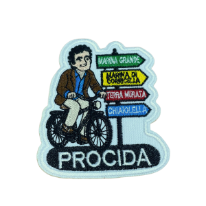 Emblema bordado Massimo Troisi Procida Itália com bicicleta.