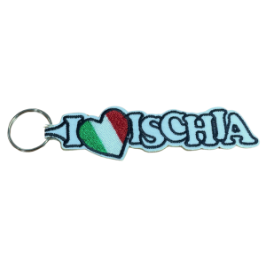 Porta-chaves bordado I Love Ischia com coração com as cores da bandeira de Itália.