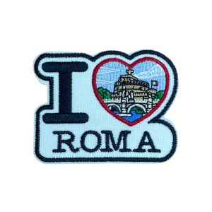Emblema bordado I Love Roma, com coração com paisagem da ilha de Itália.