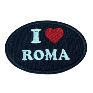 Black oval embroidered emblem "I Love Roma".